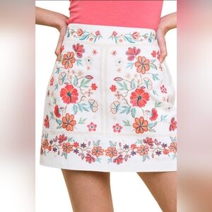 Umgee Floral Embroidered Linen Cotton  Mini Skirt | Size L